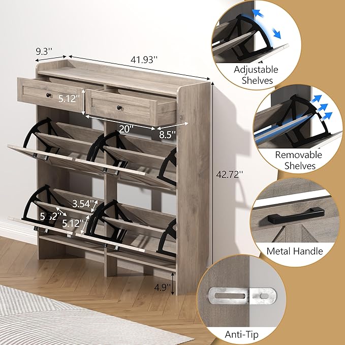 Shoe Cabinet with 4 Flip Drawers & 2 Storage Drawers, Rustic Farmhouse Narrow - Image 6
