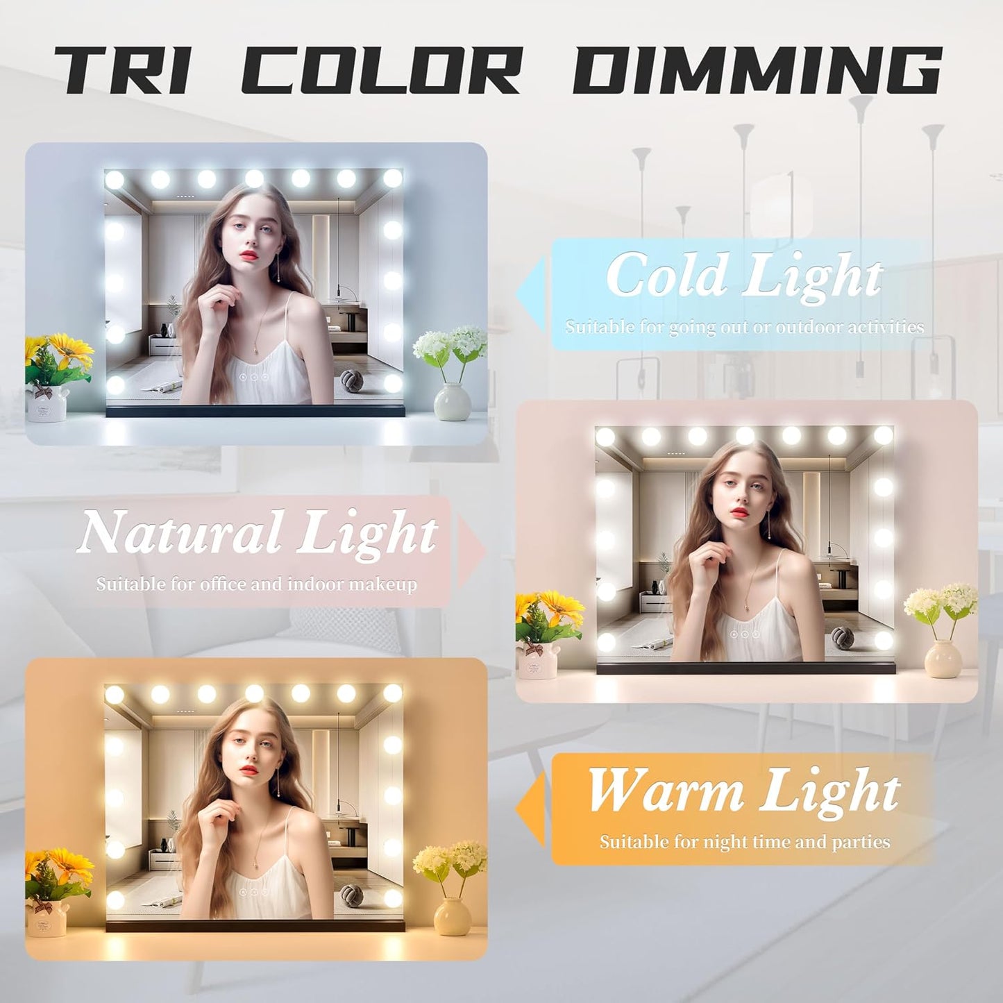 Vanity Mirror with Lights Lighted Makeup Mirror with 15 Dimmable LED Bulbs,3 Color Lighting Modes,USB Charging Port Touch Control,Sturdy Metal Frame Design 22.8x18 Inch,Black