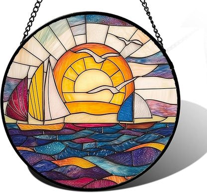 DASTOLL Stained Glass Window Hanging, Sailboat and Waves Suncatcher Diamond by DASTOLL