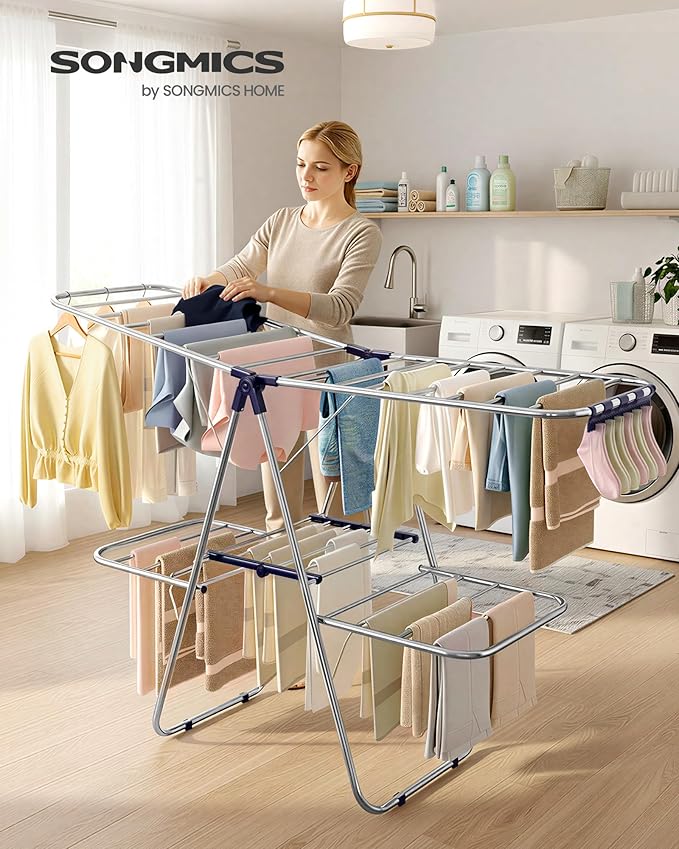 SONGMICS Clothes Drying Rack, Foldable 2-Level Laundry Drying Rack, - Image 2