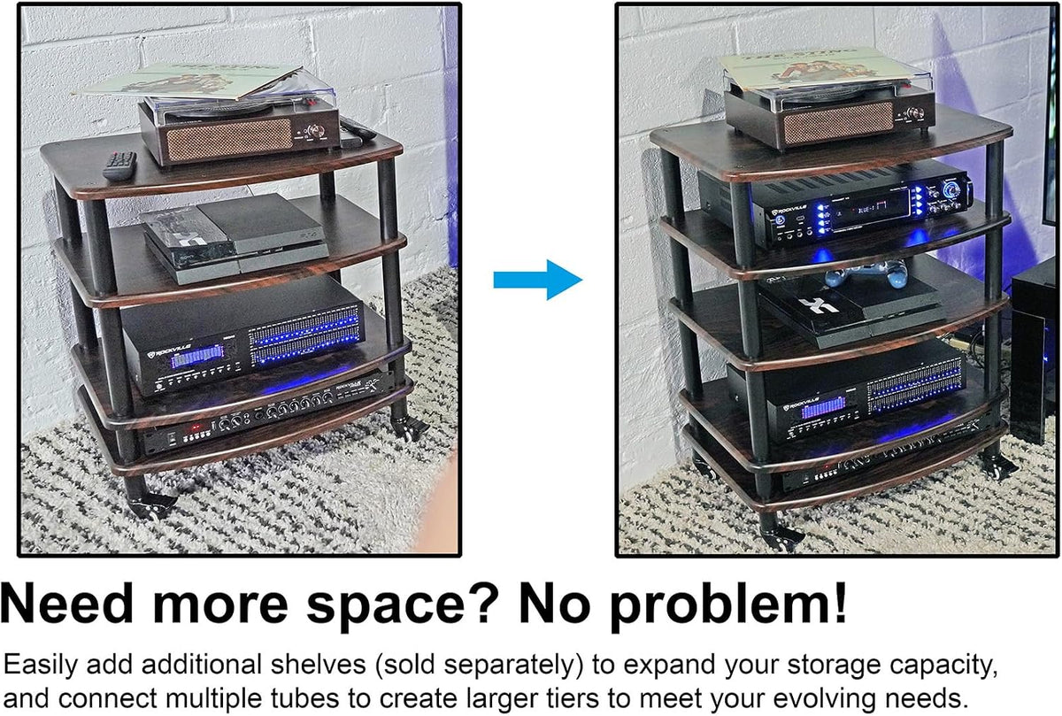 Rockville FLX Dark Wood Adjustable Height 4 Shelf Home Theater Audio Rack