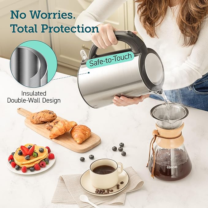 Cosori Electric Kettle, No Plastic Inner Lid, Filter & Spout, Stainless Steel - Image 4