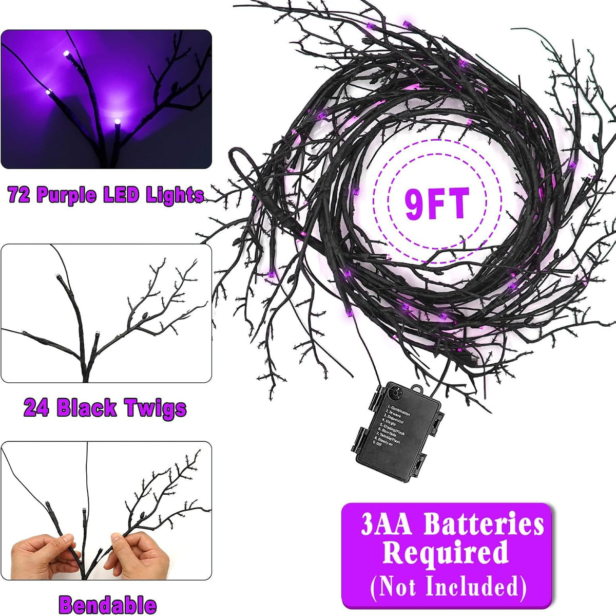 Couah [8 Modes & Timer] 9 Ft 72 LED Halloween Willow Vine Twig Garland wi...