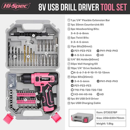 Hi-Spec 110pc Pink 8V USB Electric Power Cordless Womens Drill Driver Set. - Image 2