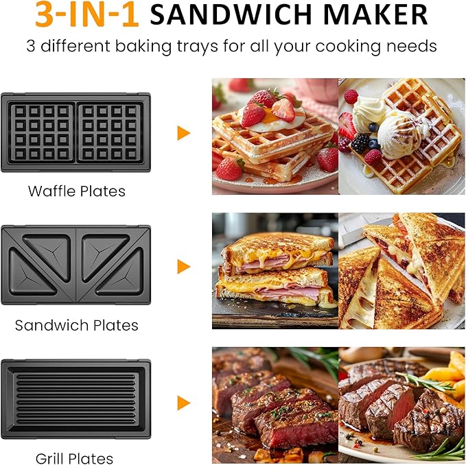3 in 1 Electric Sandwich Maker, Panini Press Grill and Waffle Iron Set - Image 2