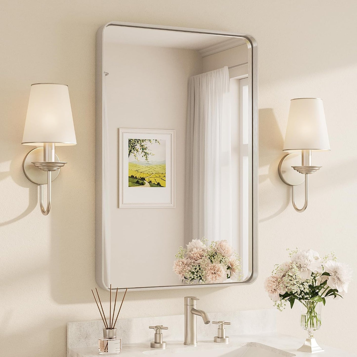 Brushed Nickel Bathroom Mirror 24 x 36 Inch for Vanity Metal Framed Mirror Modern Farmhouse for Living Room Entryway(Horizontal/Vertical)