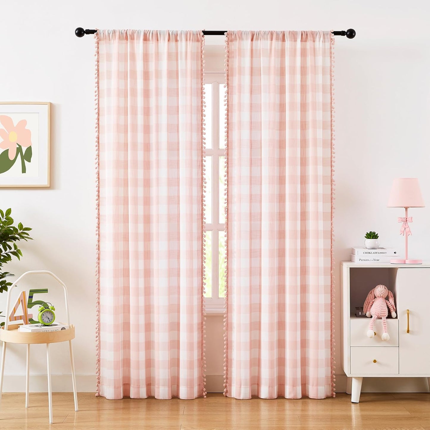 Pompom Buffalo Check Curtains Blush Pink and White Plaid Window Treatment Set for Kitchen Living Room, Dinning, 95 inch Rustic Farmhouse Curtain Drapes for Kids Dorm 42"x95" 2pcs Rod Pocket, Coral