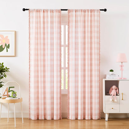 Pompom Buffalo Check Curtains Blush Pink and White Plaid Window Treatment Set for Kitchen Living Room, Dinning, 95 inch Rustic Farmhouse Curtain Drapes for Kids Dorm 42"x95" 2pcs Rod Pocket, Coral