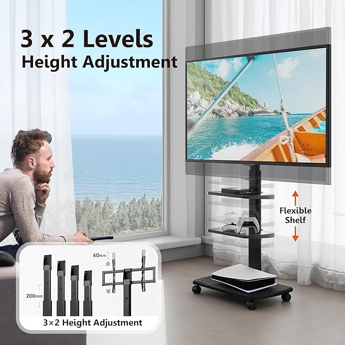 FITUEYES Swivel Rolling TV Stand, Height Adjustable Mobile TV Cart - Image 4