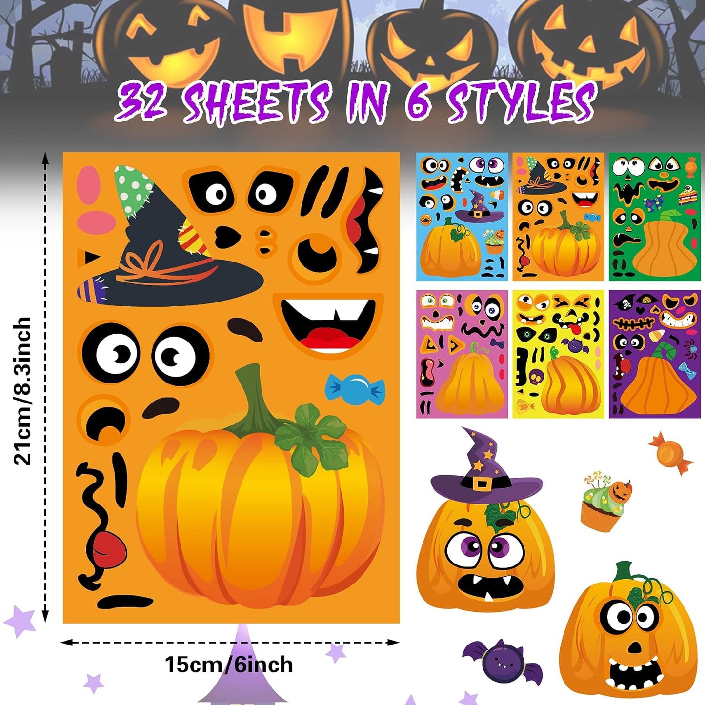 NOVWANG 32 Sheets Halloween Stickers to Make a Pumpkin Face Pack | Paper Material, Kids Party Favors and Activities, DIY Pumpkin Craft Decorations, 32 Sheets Treats Gifts Stickers