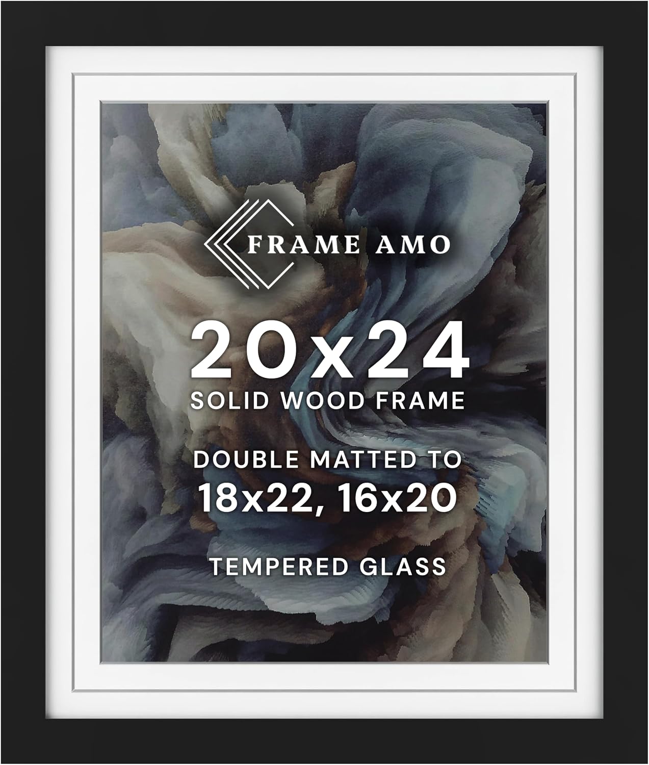 Frame Amo 20x24 Black Poster Frame, 18x22 and 16x20 Mats, High End | Tempered Glass, Solid Wood, 1.5 inch Wide, 1 inch Thick, 2 Thick 4-Ply White Mats, Heavy Duty, Acid Free, Hanging Hardware