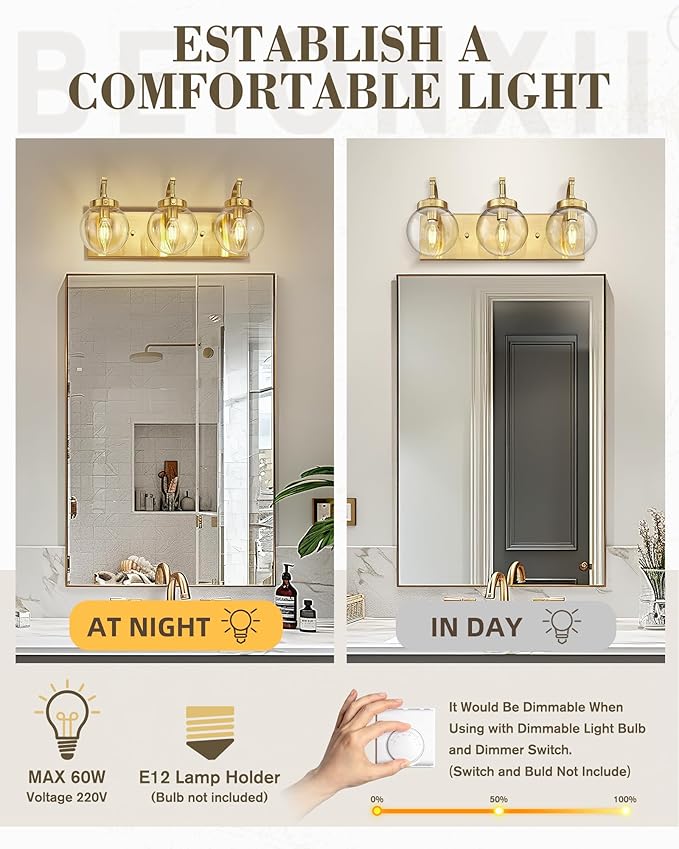 Beionxii Bathroom Vanity Light, 3-Light Brushed Gold Bathroom Light Fixtures - Image 3