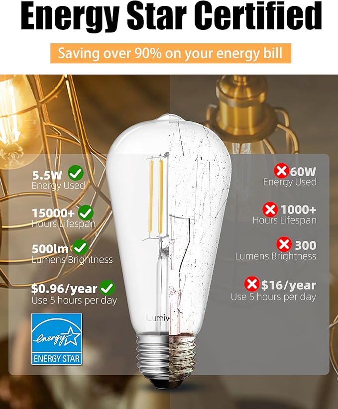 Lumiverse Dimmable Edison Bulbs 60 Watt LED, 2700K Soft White, Antique Style - Image 4