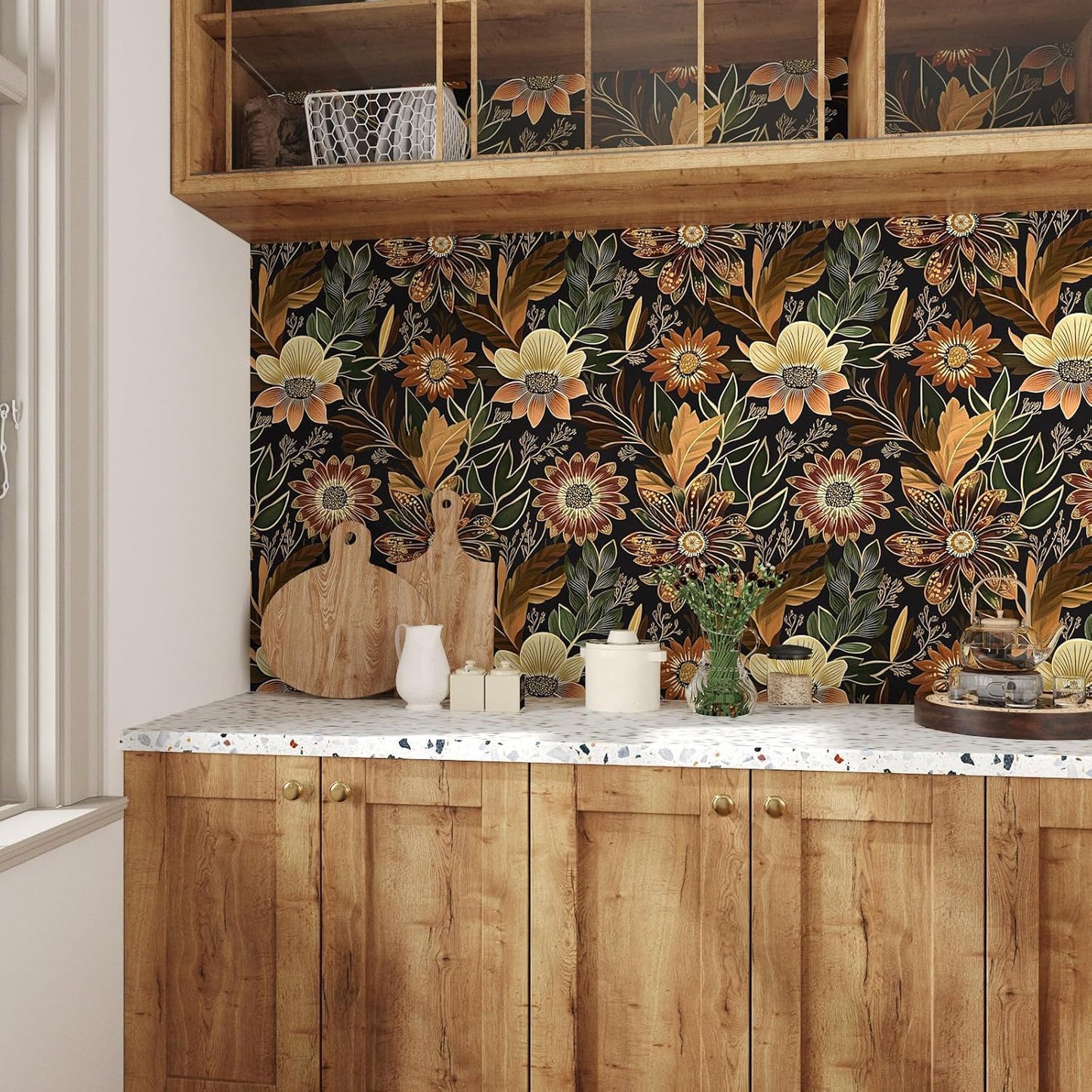 Boho Dark Black Gold Floral Wallpaper Peel and Stick 17.5"x393" | Self Adhesive/Removable/Waterproof/Thick Vinyl Contact Paper for Bathroom Bedroom Shelf Cabinet Drawer,Prepasted,Easy Peel