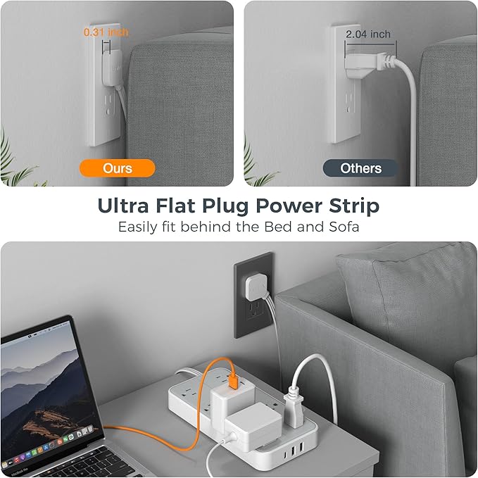 Flat Plug 15 FT Extension Cord, TESSAN Surge Protector Power Strip - Image 4