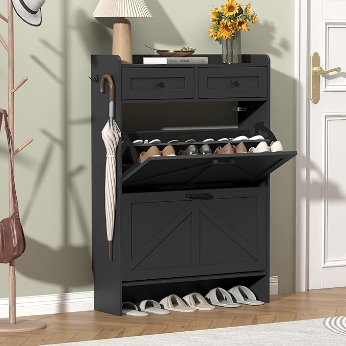 Shoe Cabinet with 2 Flip Drawers & 2 Storage Drawers, Rustic Farmhouse Narrow by Thacuok