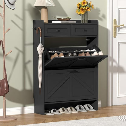 Shoe Cabinet with 2 Flip Drawers & 2 Storage Drawers, Rustic Farmhouse Narrow by Thacuok