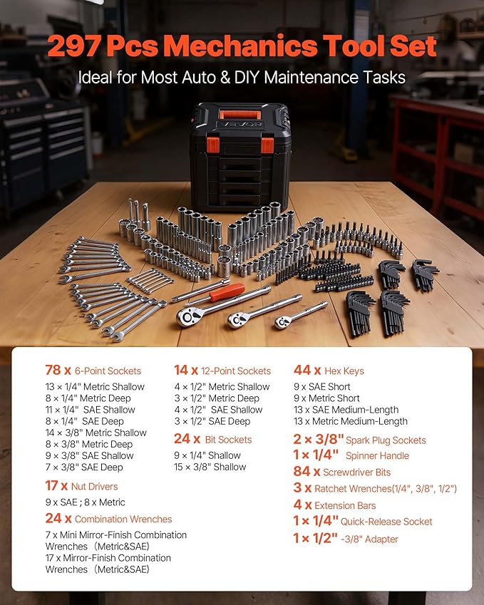 VEVOR Mechanics Tool Set, 297-Piece Mechanic Tool Kit, 1/4 in, 3/8 in, and 1/2 - Image 3