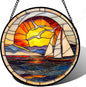 DASTOLL Stained Glass Window Hanging, Sun Ocean Sailboat Seagull Abstract by DASTOLL