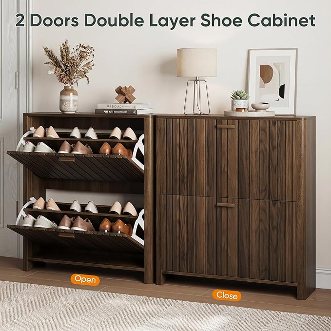 Shoe Cabinet with 2 Flip Drawers, 31.5 Inch Narrow Fluted Shoe Organizer with - Image 7
