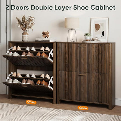 Shoe Cabinet with 2 Flip Drawers, 31.5 Inch Narrow Fluted Shoe Organizer with - Image 7