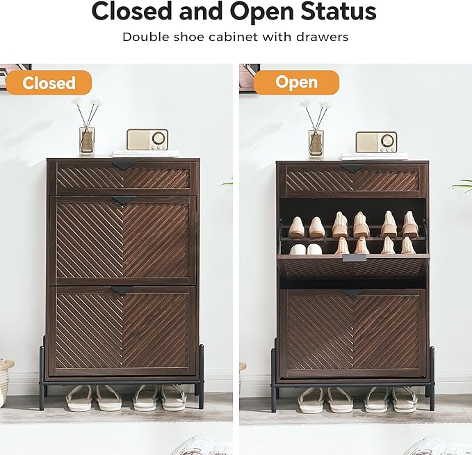 Shoe Cabinet Storage with 2 Flip Drawers, Narrow Hidden Shoes Organizer Cabinet - Image 7