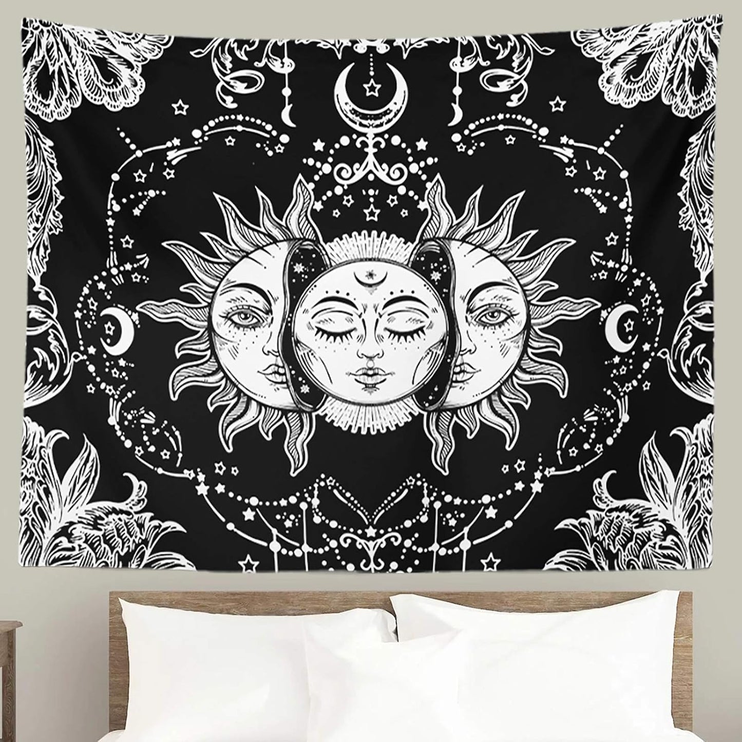 Sun and Moon Tapestry Black and White Tapestries Mystic Burning Sun with Star Wall Hanging Decor for Bedroom (40" W x 30" L)