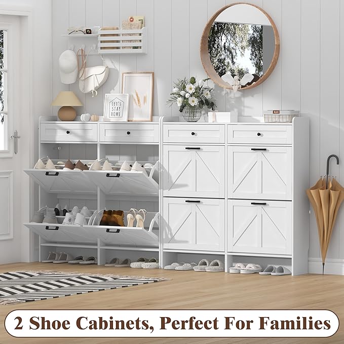 Shoe Cabinet with 4 Flip Drawers & 2 Storage Drawers, Rustic Farmhouse Narrow - Image 9