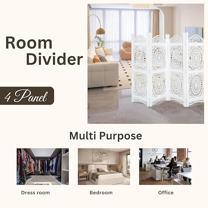 Lightnpro 4-Panel Wooden Room Divider 48 × 64 Inch Antique White Finish - Image 5