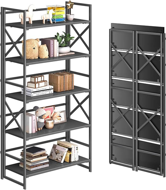 4NM 5 Tiers No Assembly Book Shelves, 51.2" H Folding Bookshelf Bookcase Open by 4NM