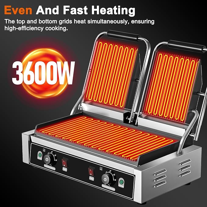 Commercial Dual Head Panini Grill, 3400W Electric Sandwich Panini Maker - Image 5