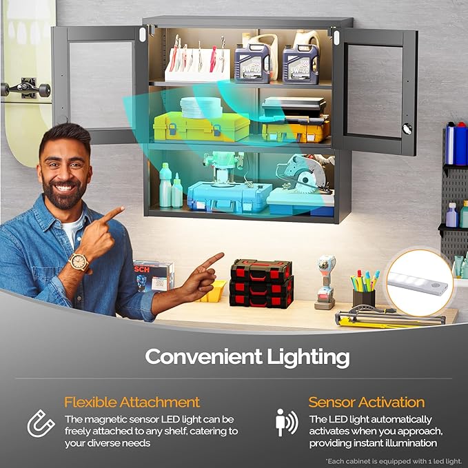 VINGLI Metal Wall Cabinet with Locking Glass Doors & Magnetic LED Sensor Light - Image 4