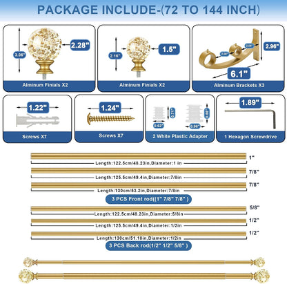 Gold Double Curtain Rod 72 to 144 Inch,Double Decorative Crystal Drapery Rods with Solid Aluminum Bracket Acrylic Sheer Bling Foil Finials,1" Front and 5/8" Back Heavy Duty Curtain Rods for Windows