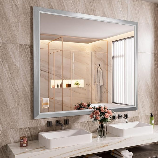 Amorho Bathroom Mirror, 48x40 Inch Silver Thick Metal Framed Wall Mirrors by Amorho