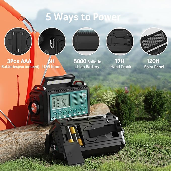 Emergency Weather Radio with AM/FM/NOAA/SW, 5 Ways Powered Solar Hand Crank - Image 4