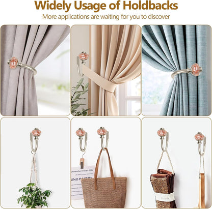 Rose Gold Curtain Holdbacks, Decorative Drapery Tiebacks, 1 Pair | Curtain Hooks for Drapes, Wall Mounted, Vintage Crystal Finials, Durable Metal Material, Size: Small(3.95" L x 3.4" W)