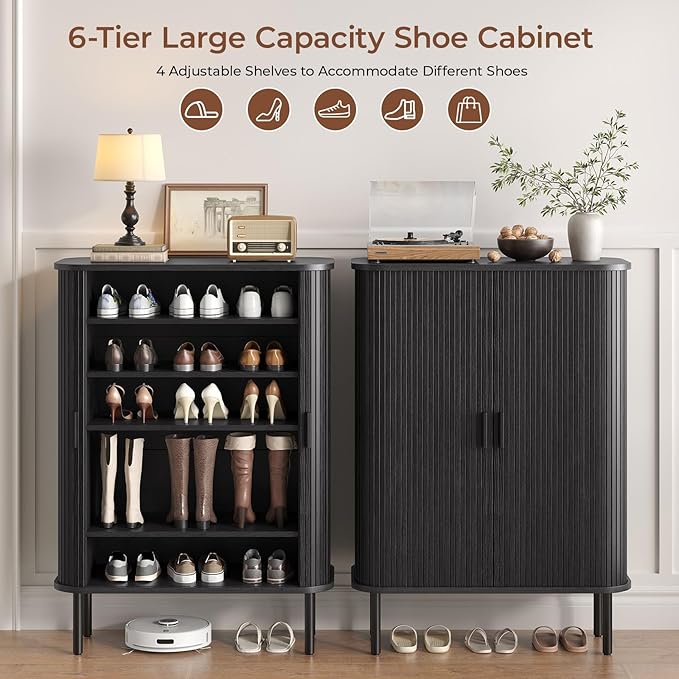 Shoe Storage Cabinet with Adjustable Shelves, 6-Tier Mid-Century Modern Shoe - Image 3