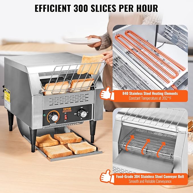 VEVOR Commercial Conveyor Toaster, 300 Slices/Hour, Heavy Duty Stainless Steel - Image 3