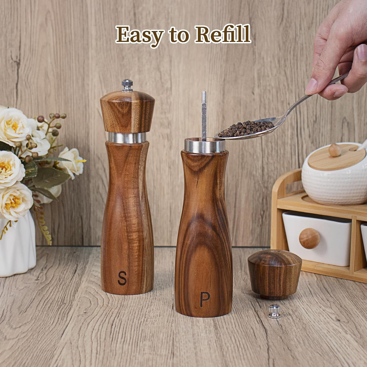 Haomacro 2 Pack Acacia Wood Salt and Pepper Grinder Set Kitchen Home 8 Inch