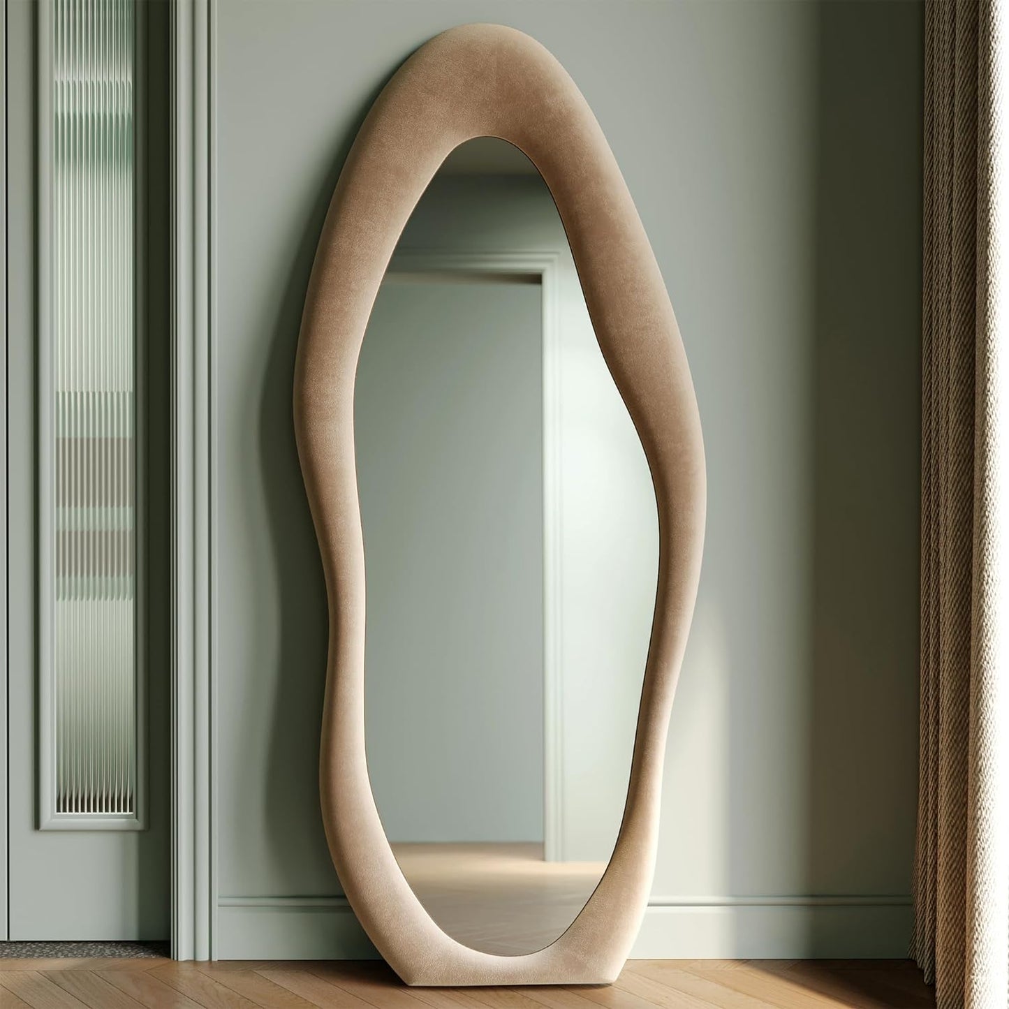 Honyee Full Length Mirror, 63" x 24" Wall Mirror, Flannel Wrapped Wooden Frame Floor Mirror, Irregular Wavy Mirror Hanging or Leaning Against Wall for Cloakroom/Bedroom/Living Room, Milk Tea