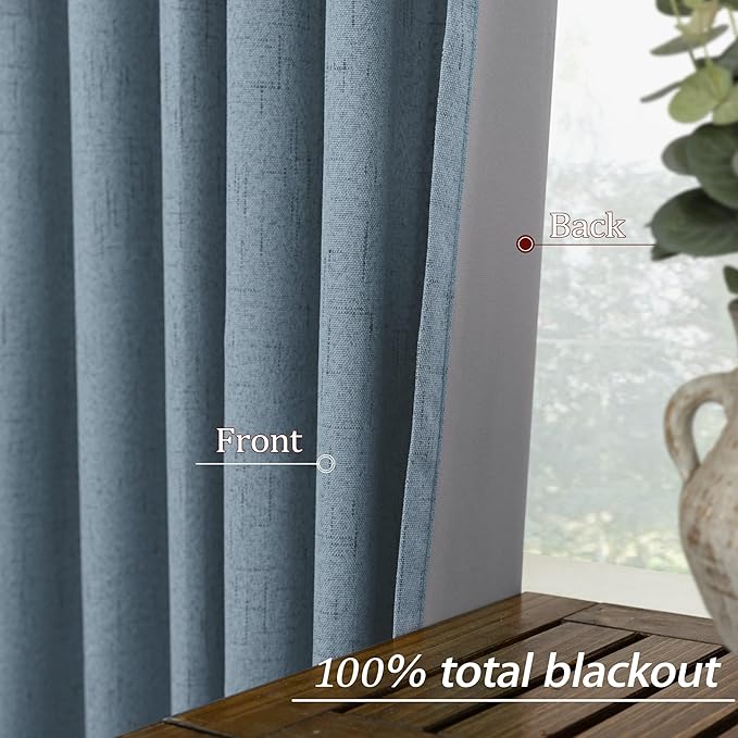 KOUFALL 90 Inch Stone Blue Linen Blackout Curtains, Thermal Insulated Blue Grey - Image 5