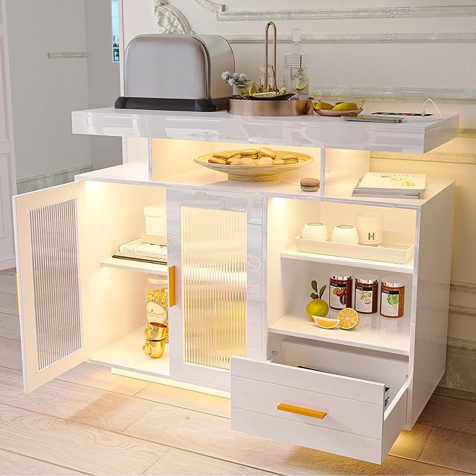 40" Wood LED Coffee Bar with Wireless Charging Station, Kitchen Storage Cabinet - Image 8