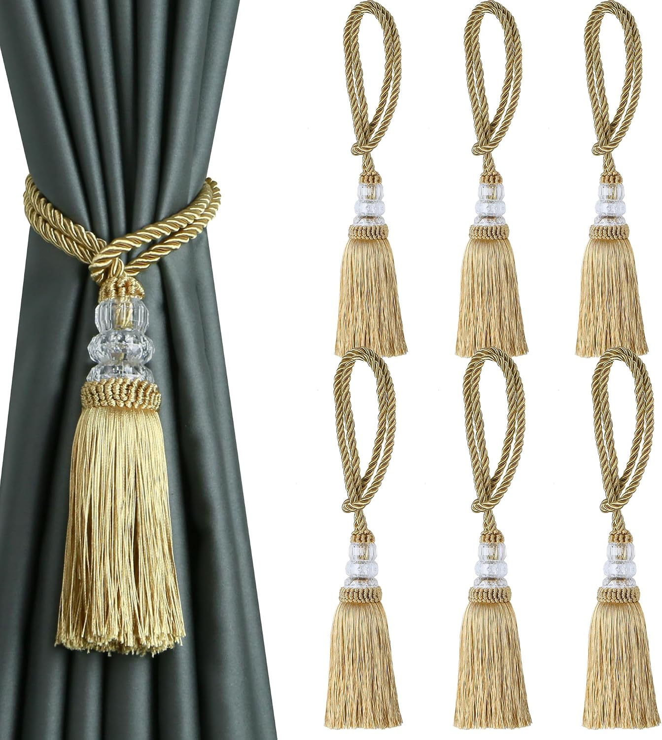 6 Pack Curtain Tiebacks with Tassel, Gold | Tassel Curtain Tiebacks, Rope Curtain Ties, Decorative Curtain Holdback for Window Drapery