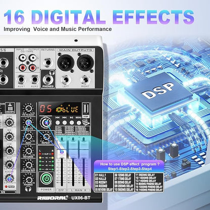 6 Channel Audio Interface Sound Board Mixing Console 16-Bit DSP DJ Mixer Audio - Image 6