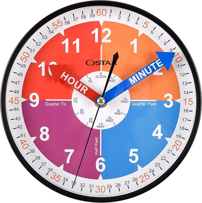 OSTAR Telling Time Teaching Wall Clock, Analog Silent Learning Clock by TrulySilentClocks