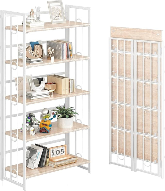 4NM No Assembly 5 Tiers Folding Bookshelf, 59.4" H Foldable Storage Shelves by 4NM