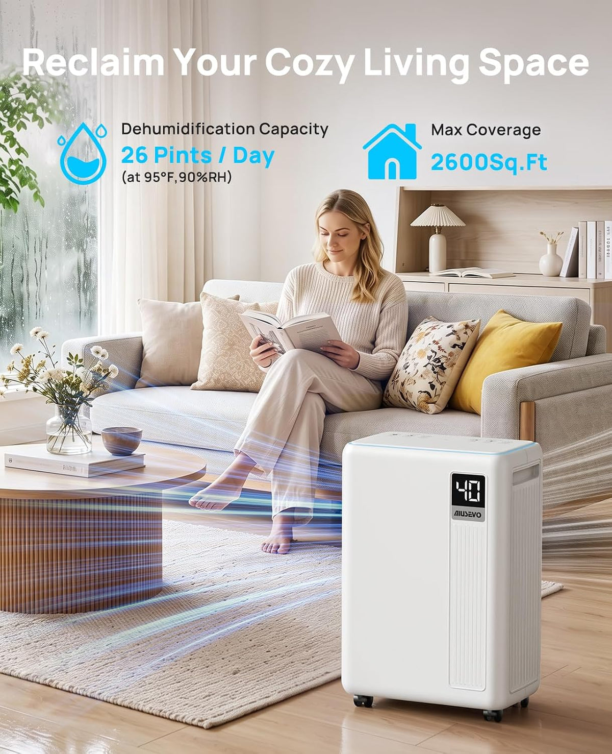 26-pint dehumidifier, dehumidifier for basement with drain hose shown in use