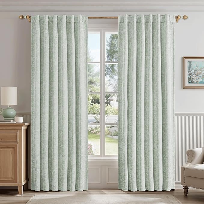 Beauoop Green Floral Jacquard Blackout Curtains 90 Inches Long 2 Panels - Image 2