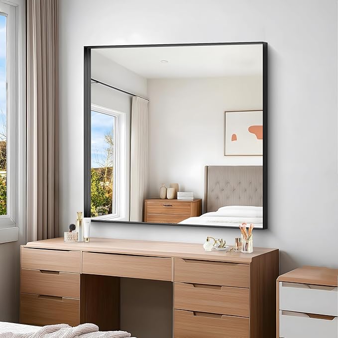 Black Bathroom Mirror, 42x42 Inch Rectangular Framed Mirror, Large Wall Mounted - Image 6