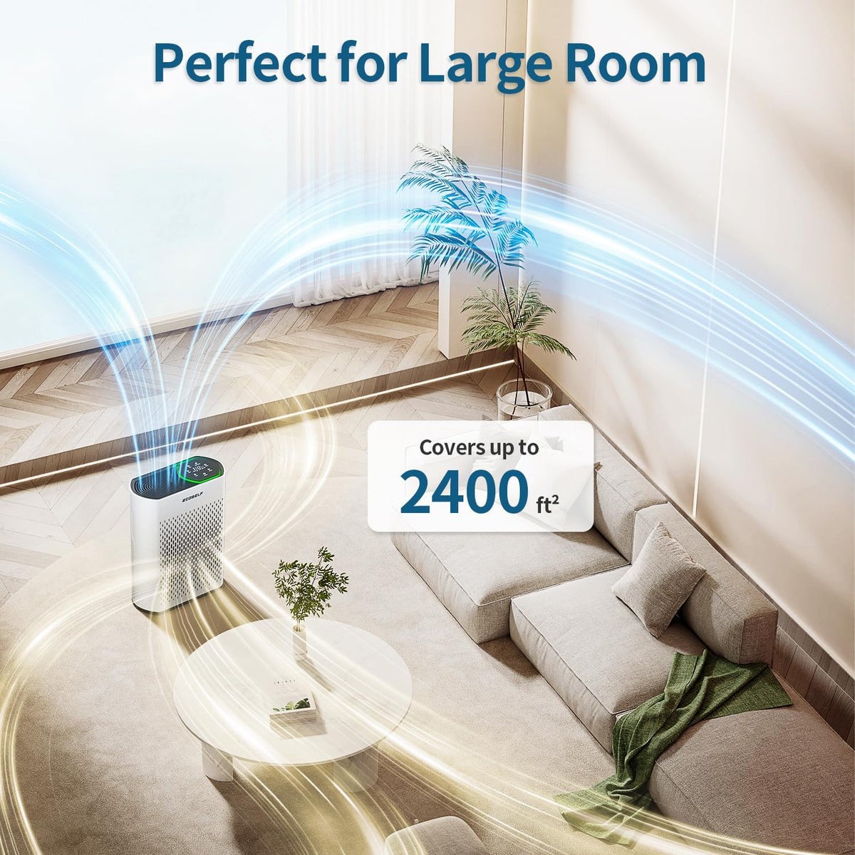 air purifier for large room, cleans 2,400 ft² showing dimensions